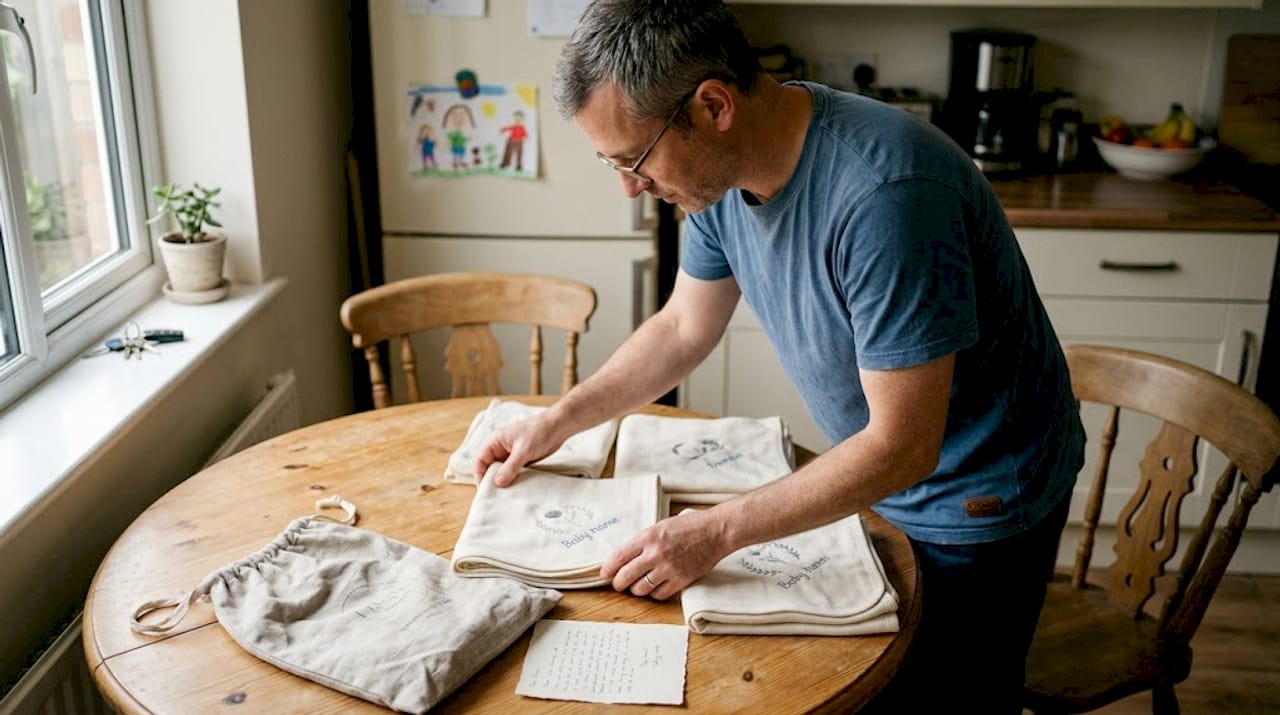 Eco friendly personalised luxury baby gifts on kitchen table