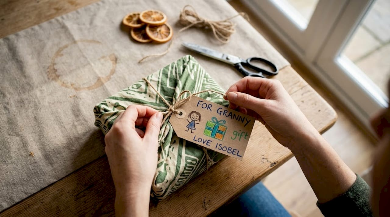 Hands attaching personalised tag to eco wrap