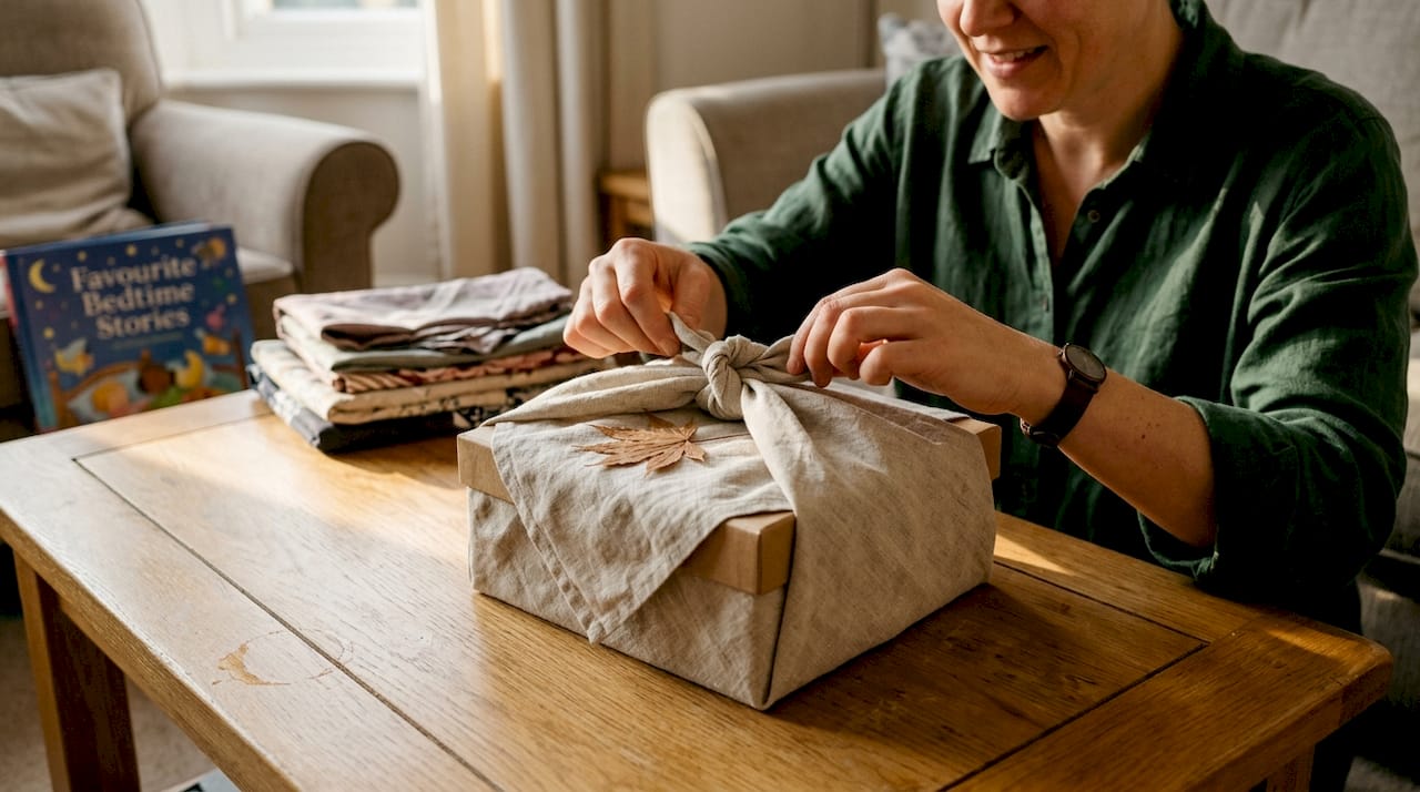 Hands tying furoshiki knot on wrapped box