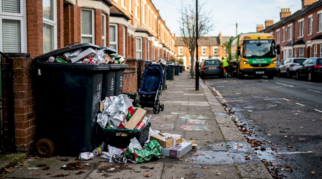 Discarded wrapping paper and overflowing street bin