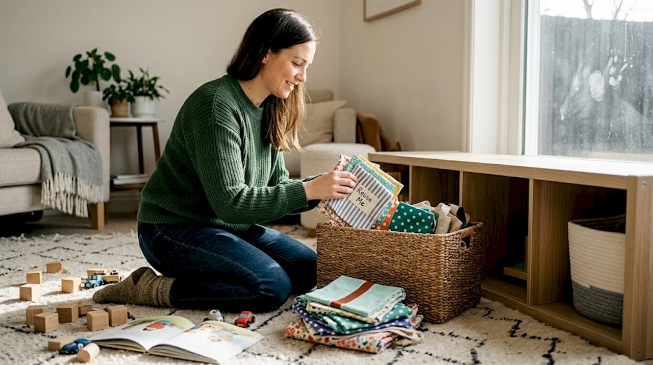 Parent gathers fabric gift wrap supplies