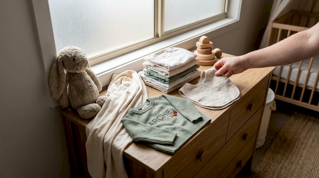 Organic cotton and bamboo baby gifts on dresser