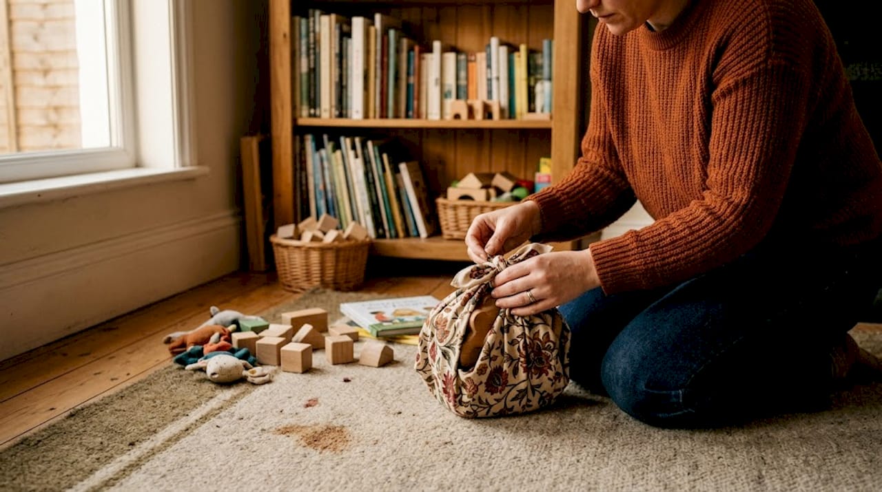 Parent uses furoshiki to wrap toy at home