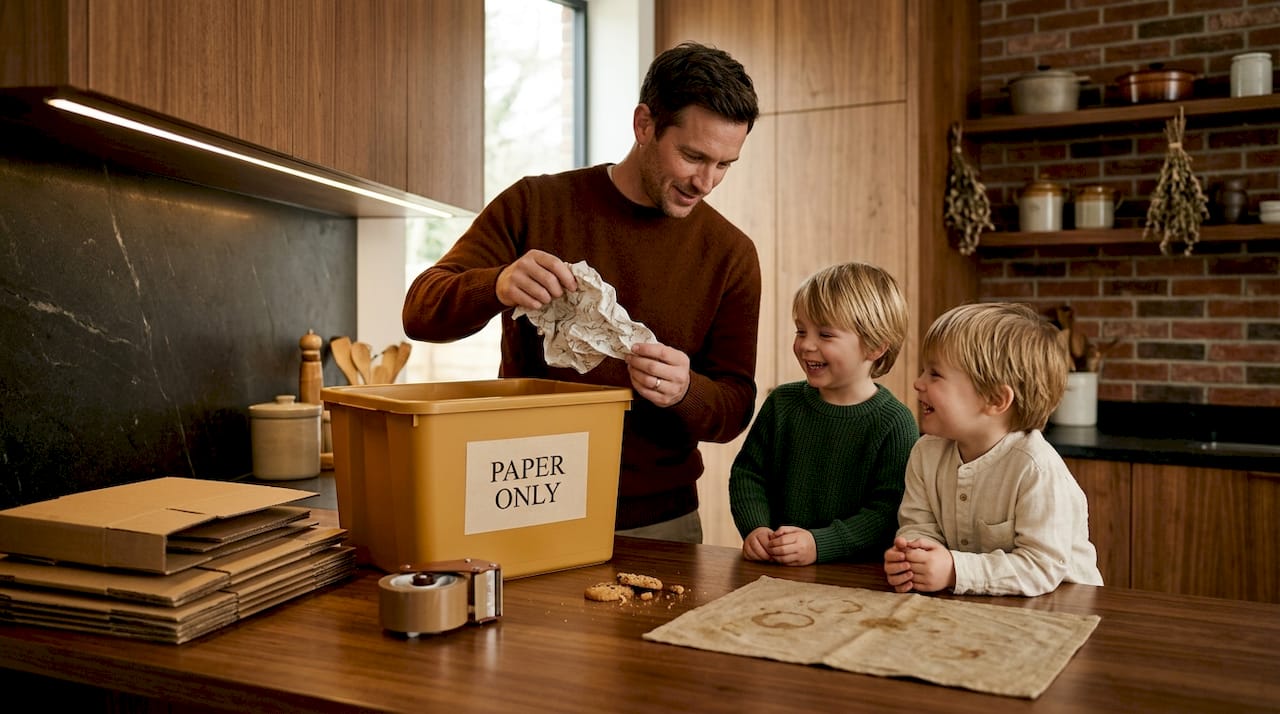 Family sorting wrapping paper for recycling