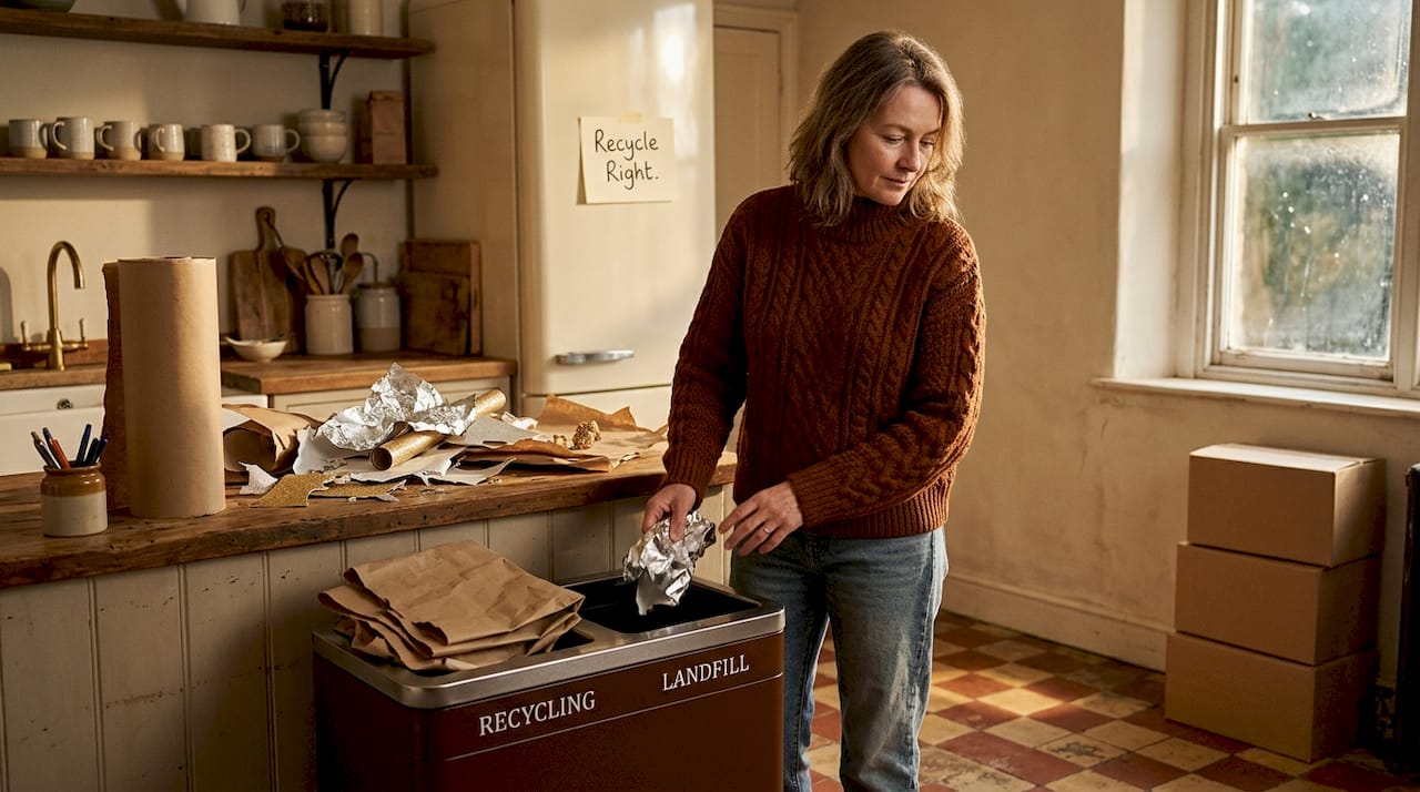 Woman sorting wrapping paper for recycling