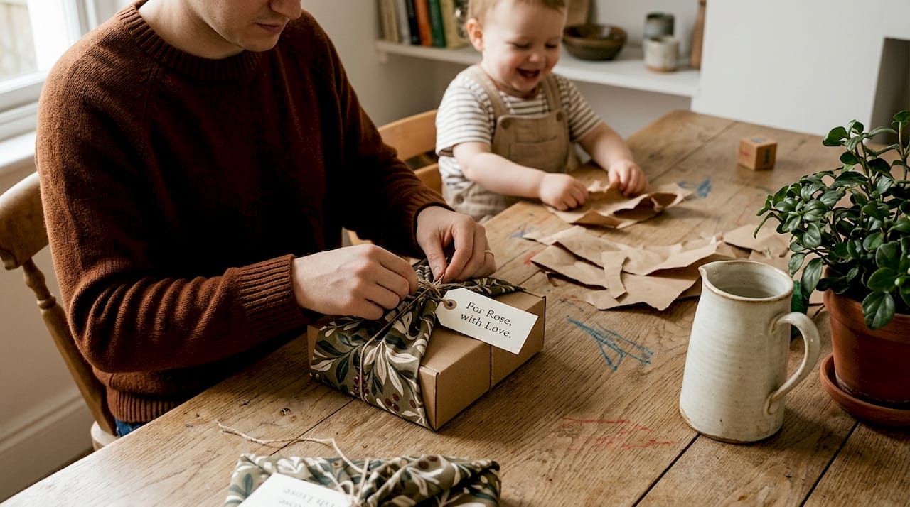 Parent using eco fabric wrap for gift