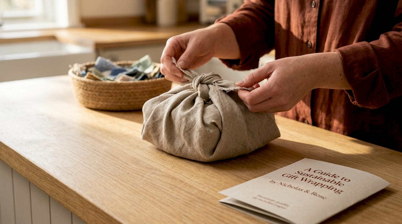 Hands using furoshiki pouch wrap for odd gift