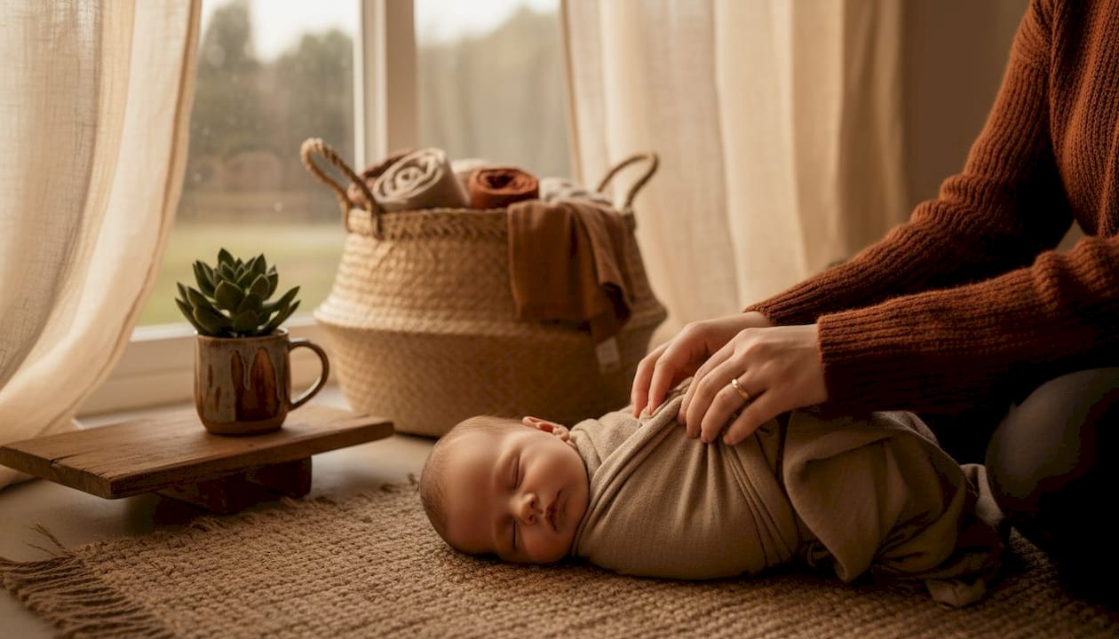 Sleeping infant wrapped in soft fabric