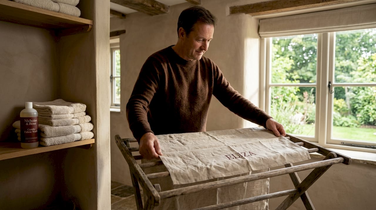 Man drying fabric gift wrap in laundry room