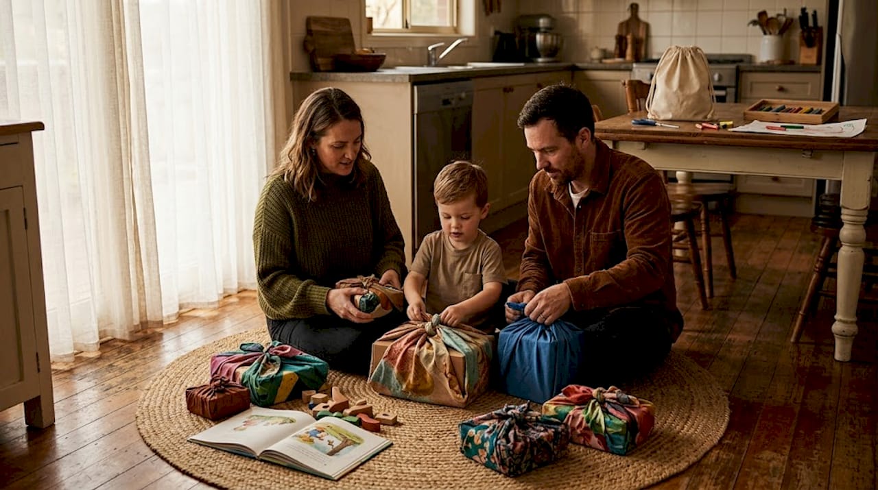 Family wraps gifts with reusable fabric wraps