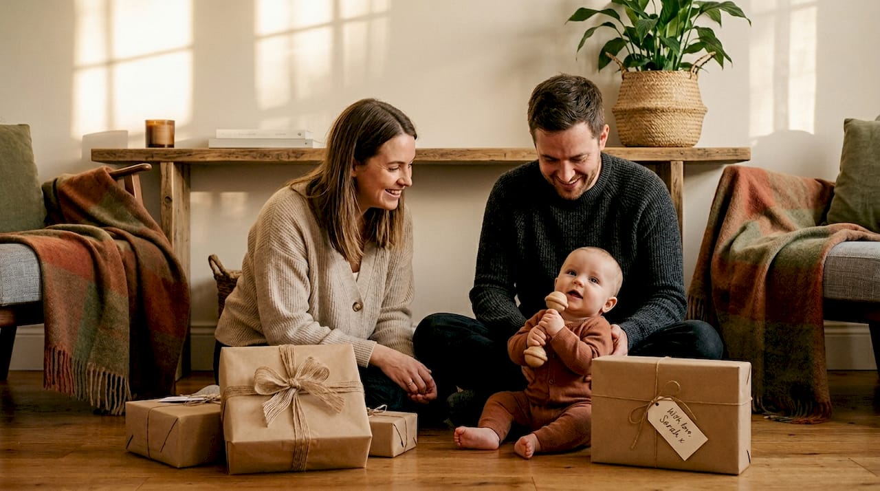 Parents and baby with eco-friendly Christmas gifts