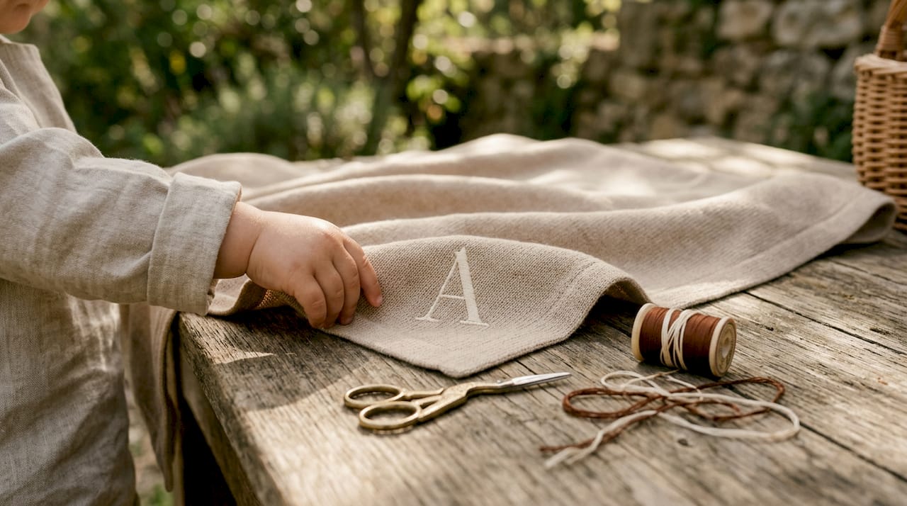 Close-up of monogrammed baby blanket embroidery
