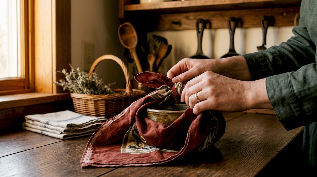 Hands wrapping heirloom with Japanese furoshiki cloth
