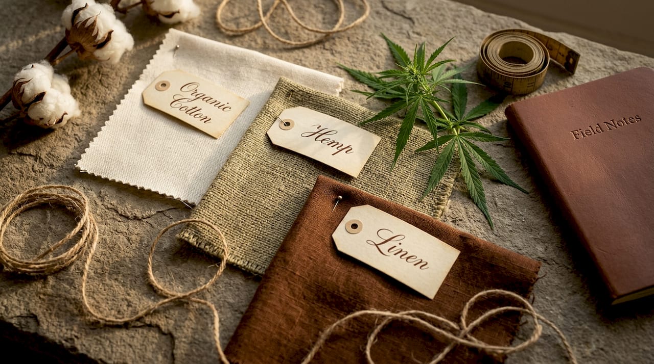 Swatches of organic cotton, hemp, linen fabrics