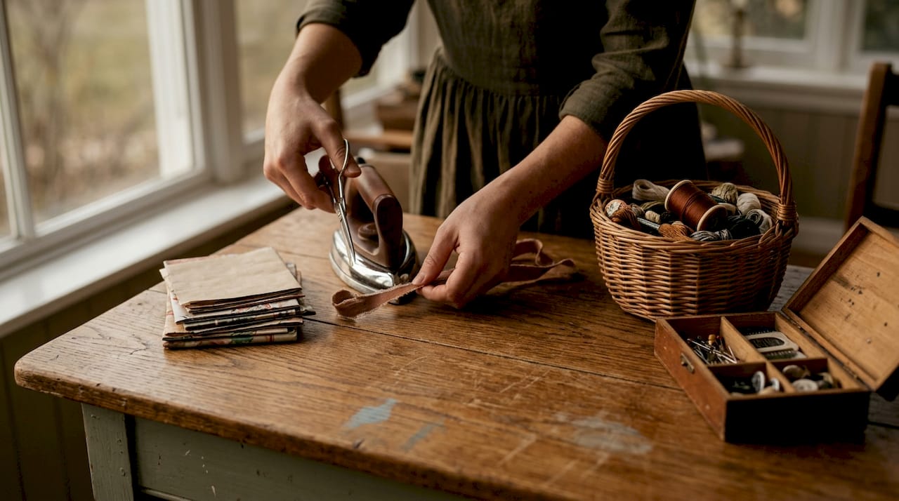 Hands restoring fabric ribbons and wrapping paper