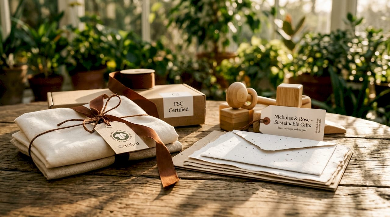 Eco-friendly gift materials on wood table