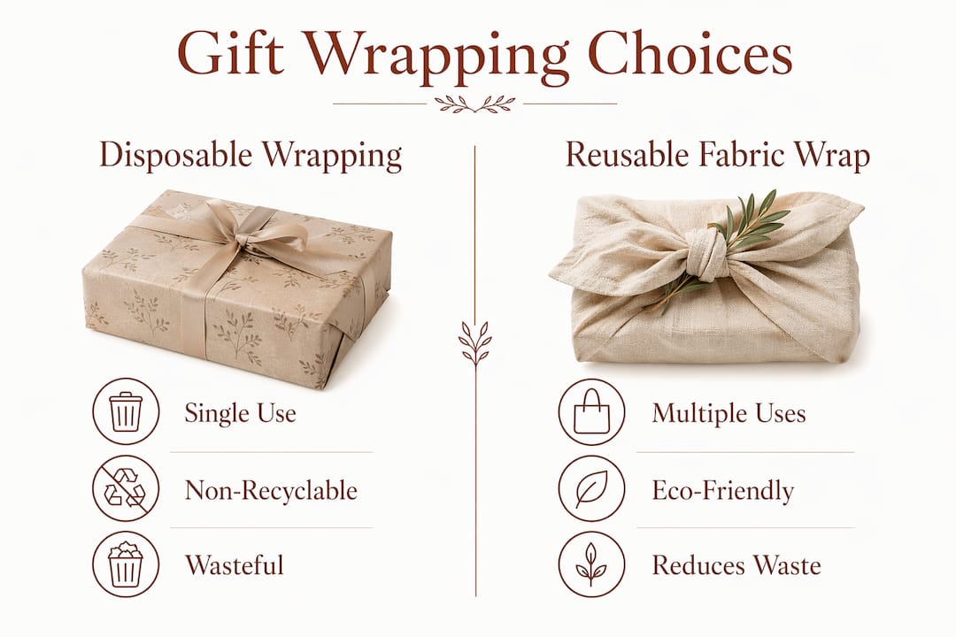 Infographic comparing disposable and reusable gift wrapping