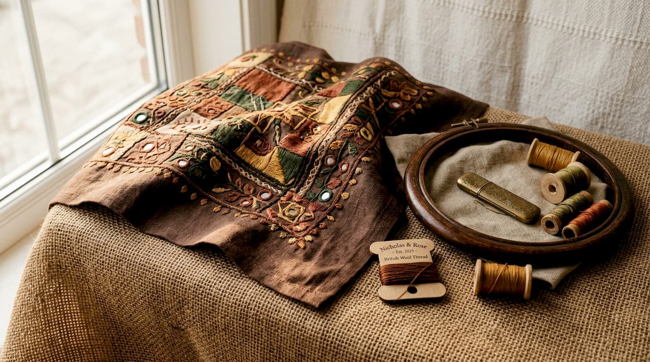 Close-up of traditional embroidered wrapping fabric and tools
