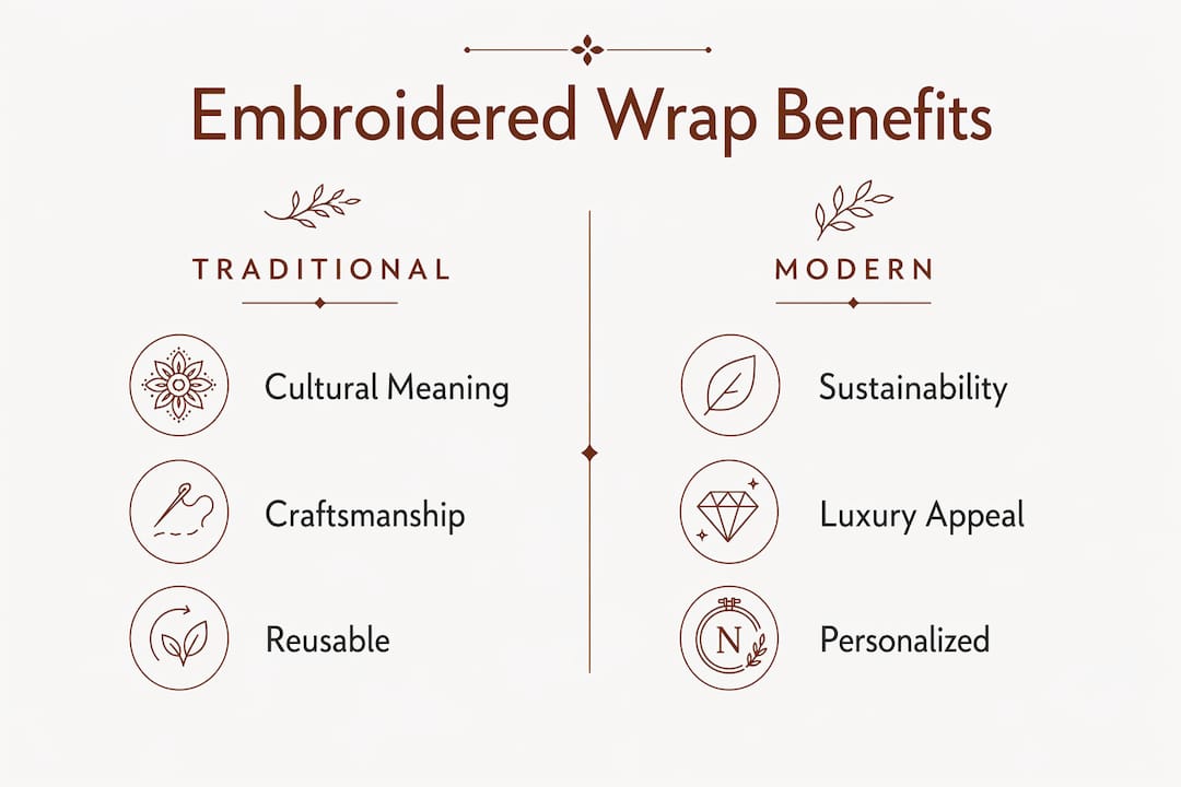Infographic comparing traditional and modern benefits of embroidered wrapping