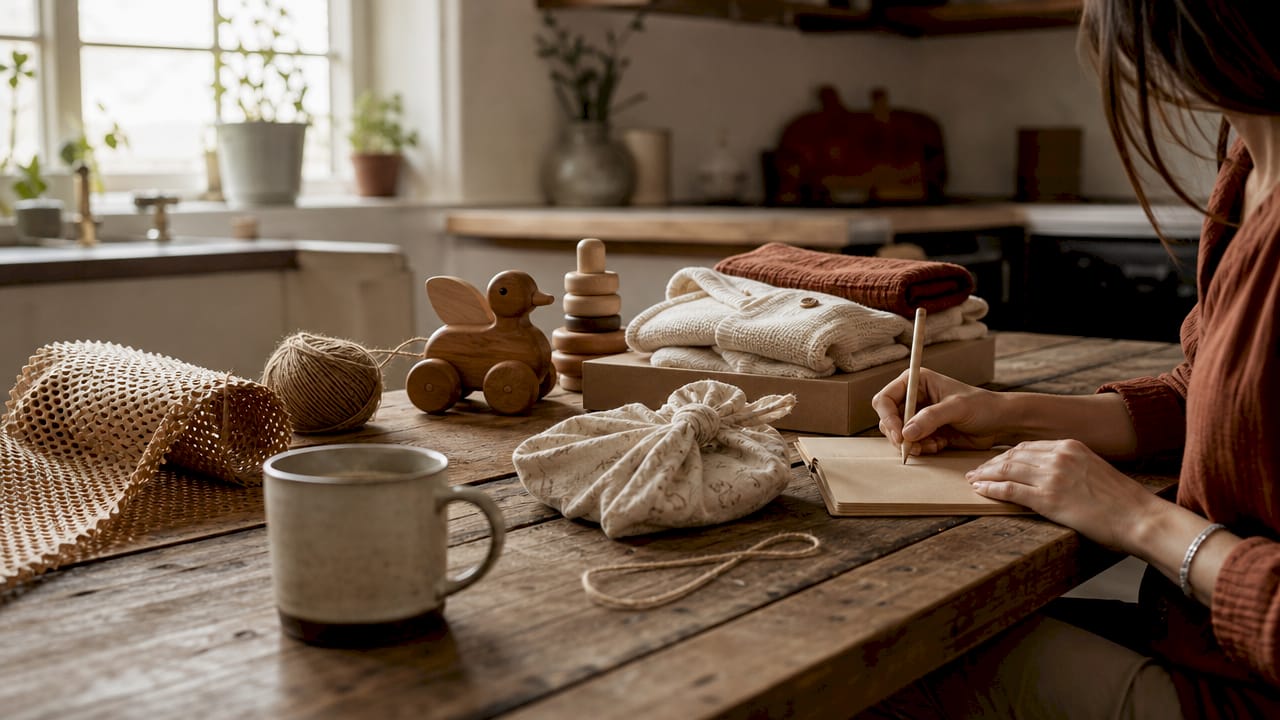 Top-down view of sustainable gift items and notes