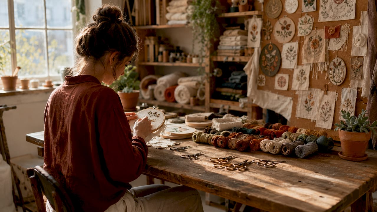 Embroidery materials and tools on table