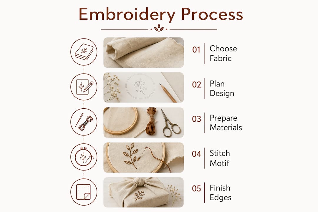 Step-by-step embroidery gift wrap process infographic