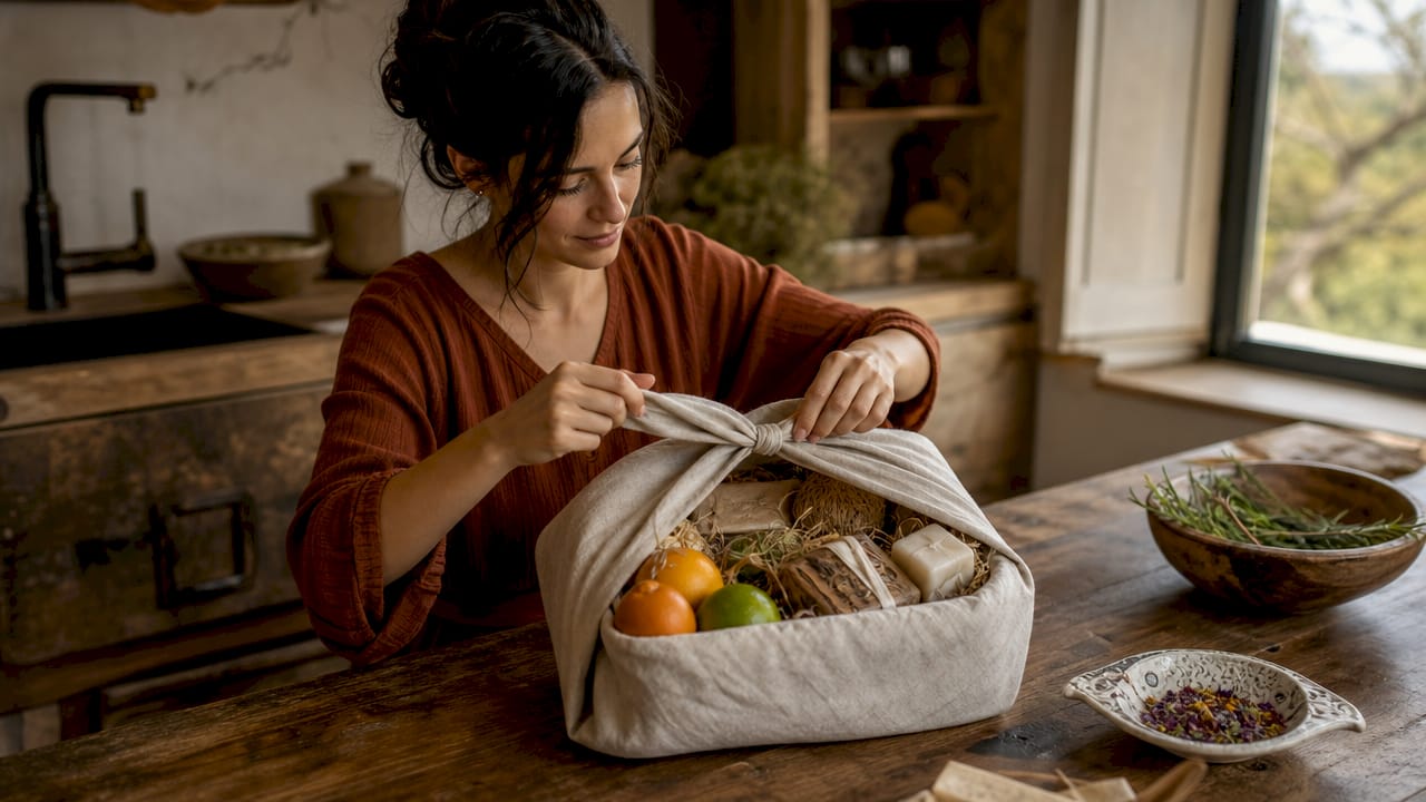 Hands tying furoshiki fabric on hamper