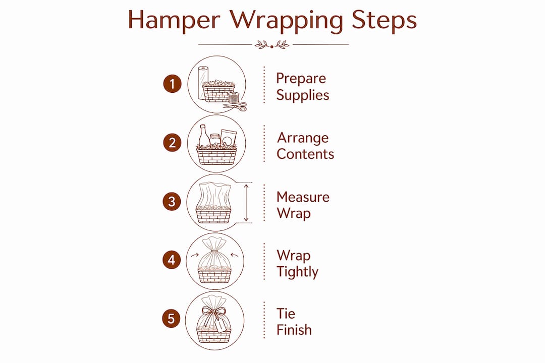 Infographic showing steps for hamper wrapping