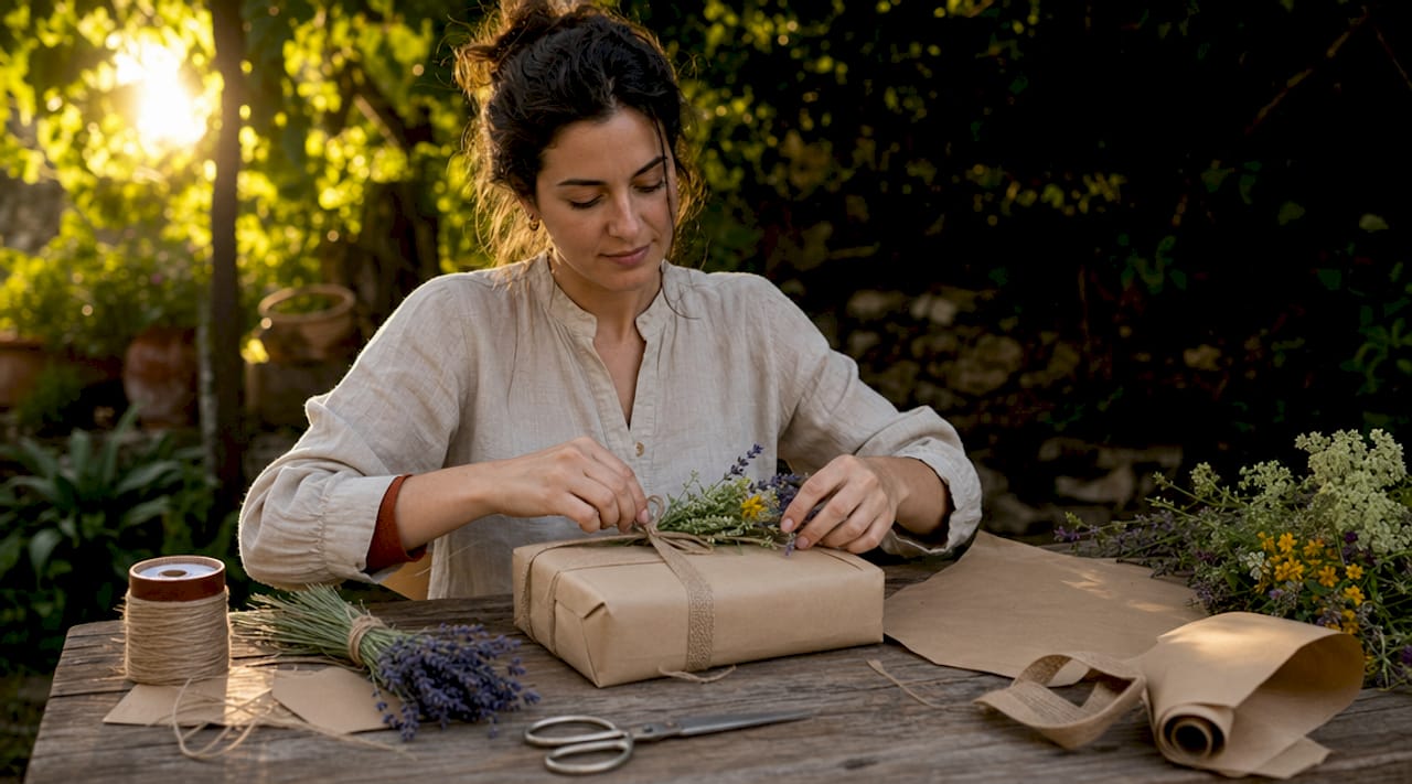 Overhead view of eco-friendly gift wrapping materials