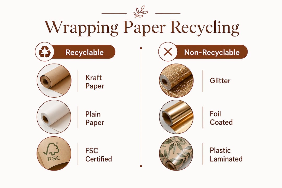 Infographic comparing recyclable and non-recyclable wrapping papers