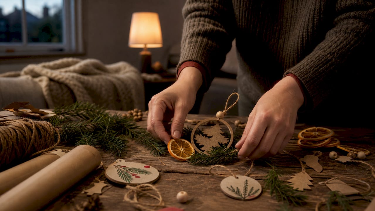 Hands tying ribbon on eco Christmas ornament
