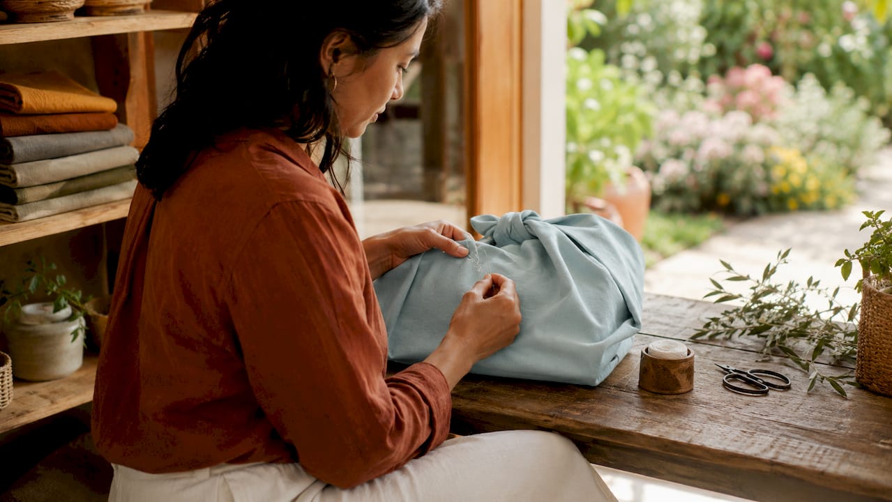 Hands embroidering personalised reusable fabric wrap