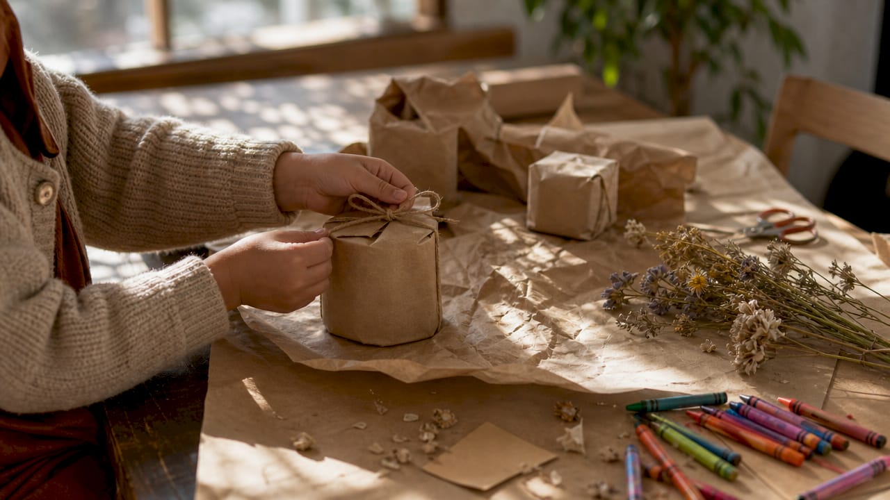 Student hands wrapping projects with recycled paper