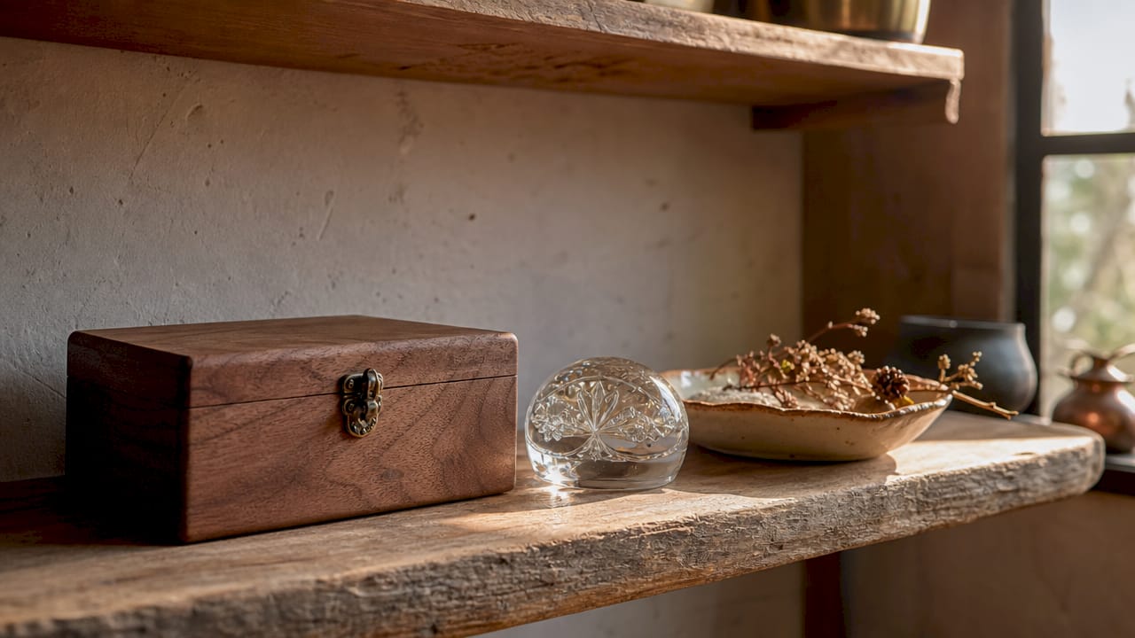 Displayed personalised keepsake gifts on living room shelf