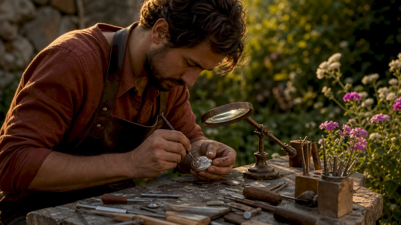 Close-up of silver engraving hands and tools