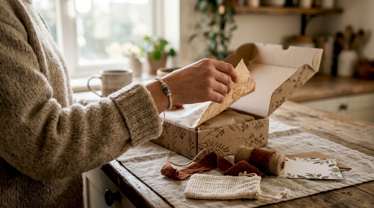 Hands lifting tissue in luxury gift box