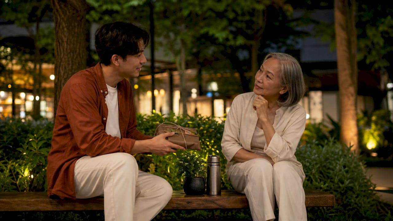 Man presenting gift with story tag to woman in café