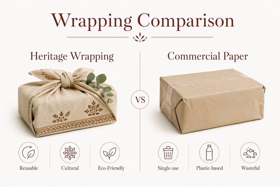 Infographic comparing heritage wrapping and commercial paper