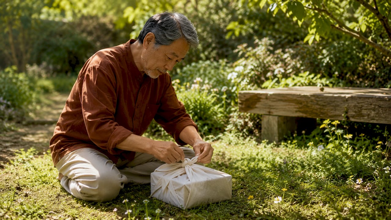 Hands tying furoshiki cloth over gift box