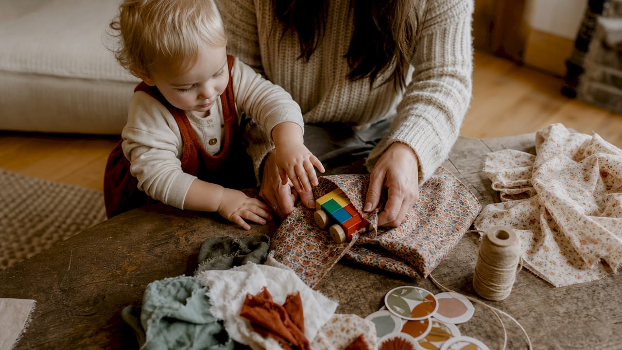Hands folding kraft paper with toddler guidance