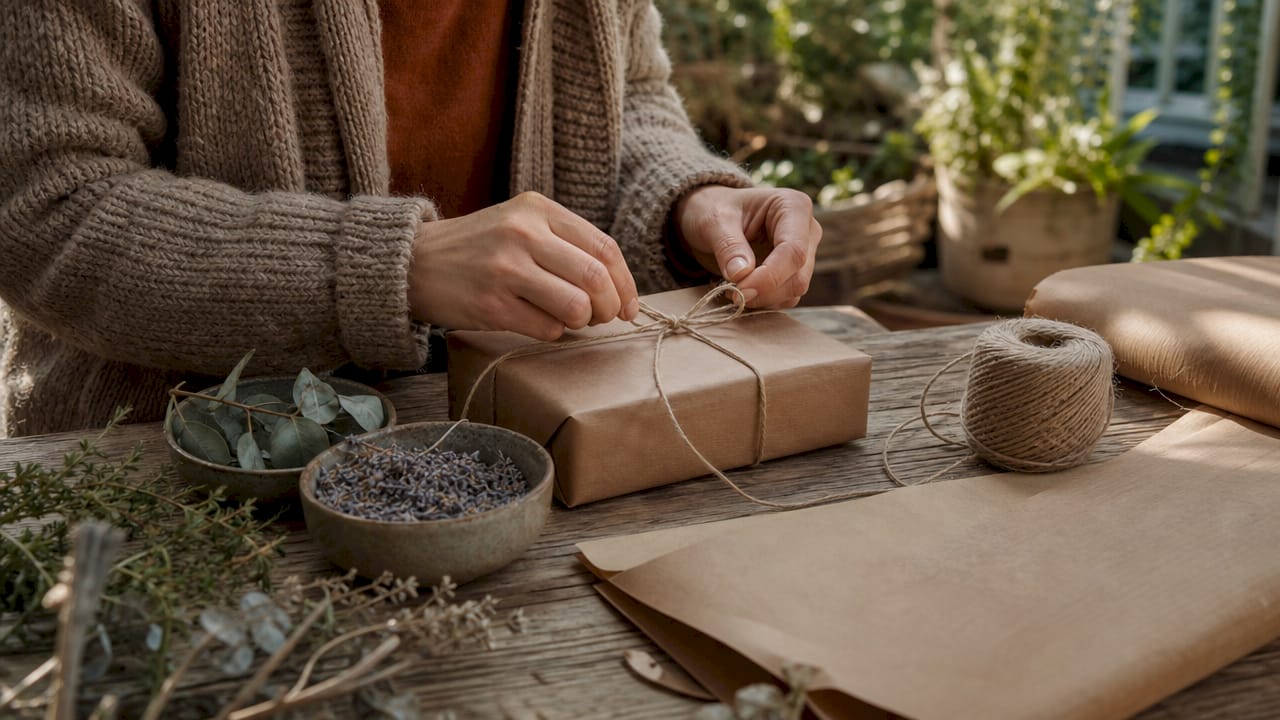 Hands tying twine on kraft paper wrapped gift