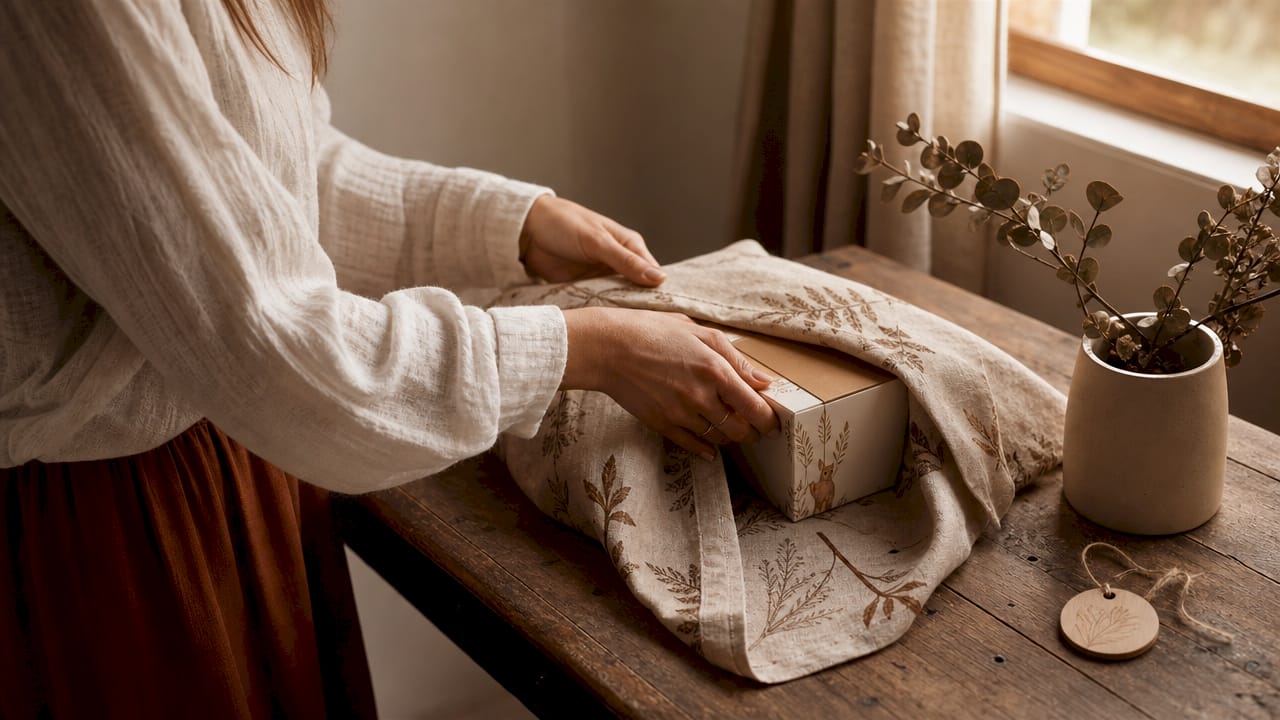 Hands wrapping newborn gift with fabric wrap