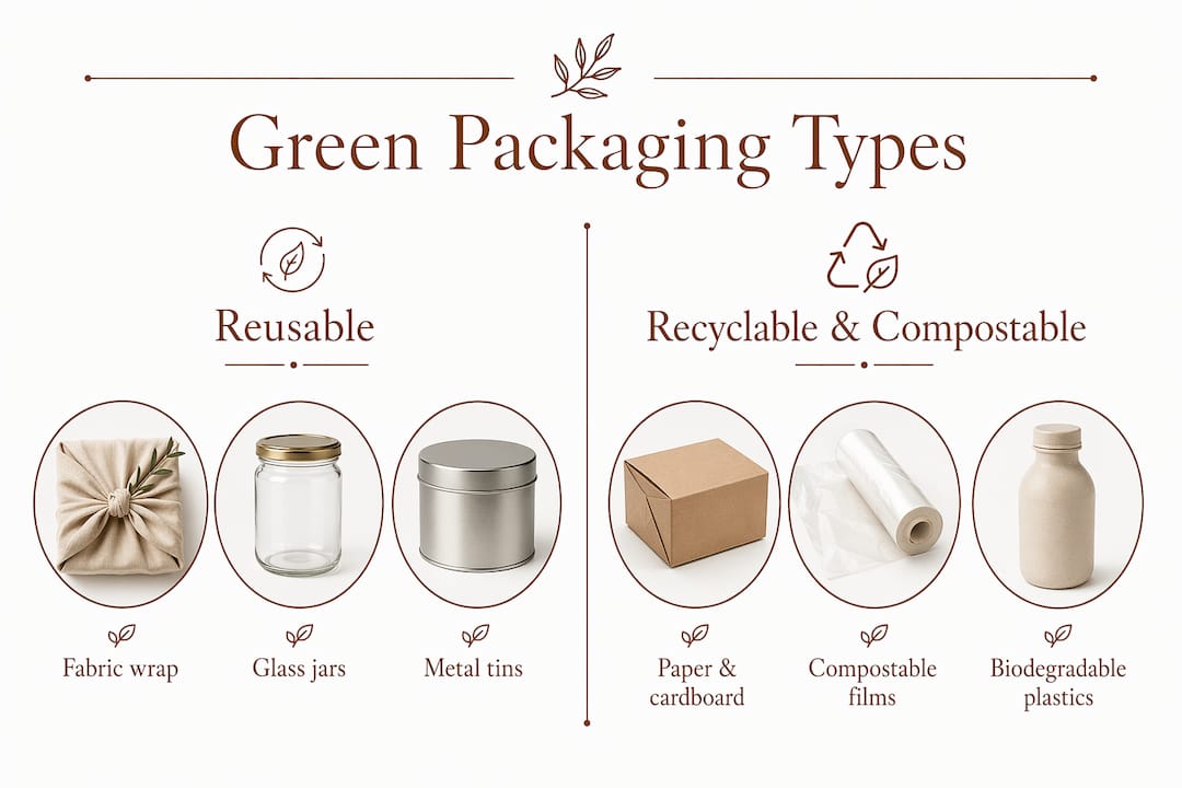 Infographic comparing reusable and recyclable green packaging types