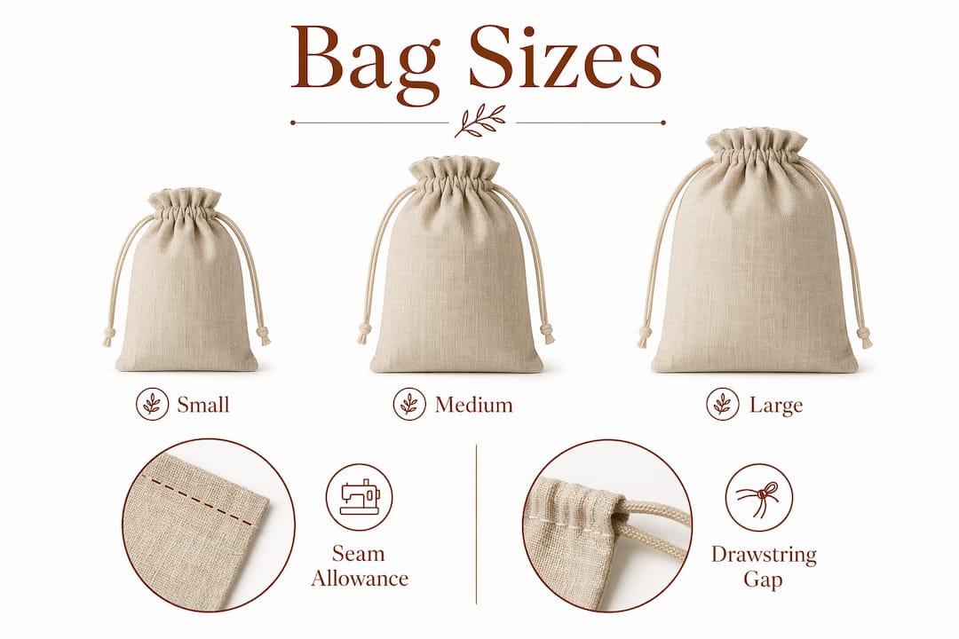 Infographic detailing bag size measurements and sewing details