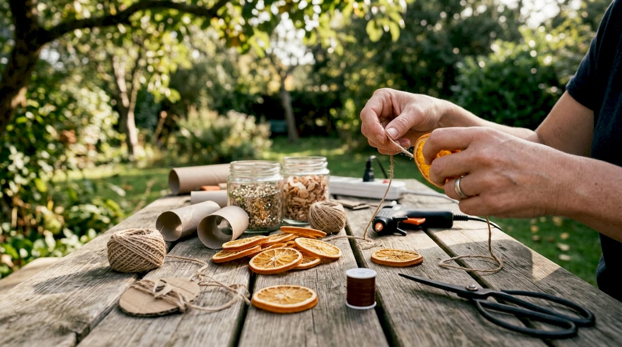 Hands crafting with eco-friendly holiday materials