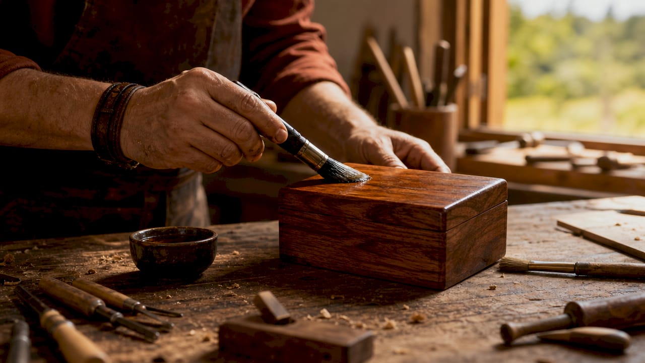 Hands finishing wooden luxury gift box sustainably