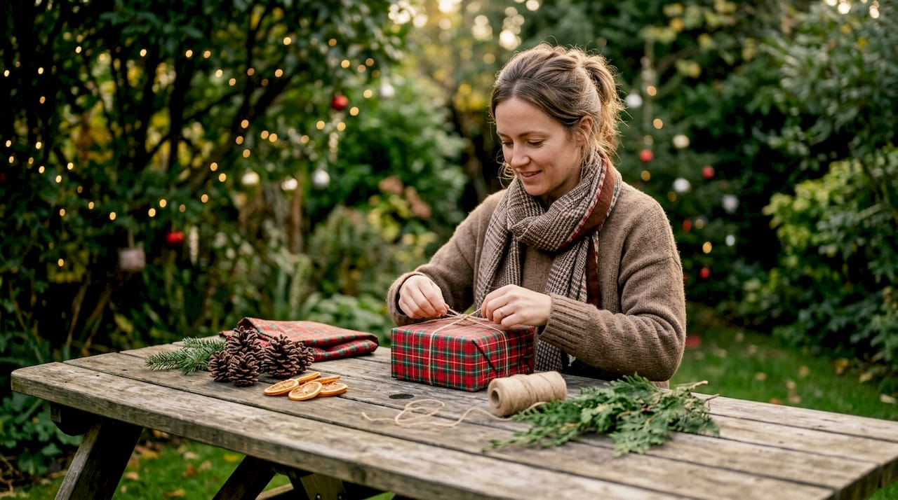 Hands wrapping Christmas gift with fabric wrap