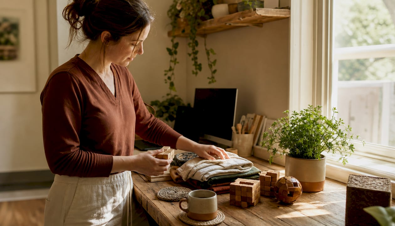 Hands arranging durable eco-friendly baby gifts on wooden table