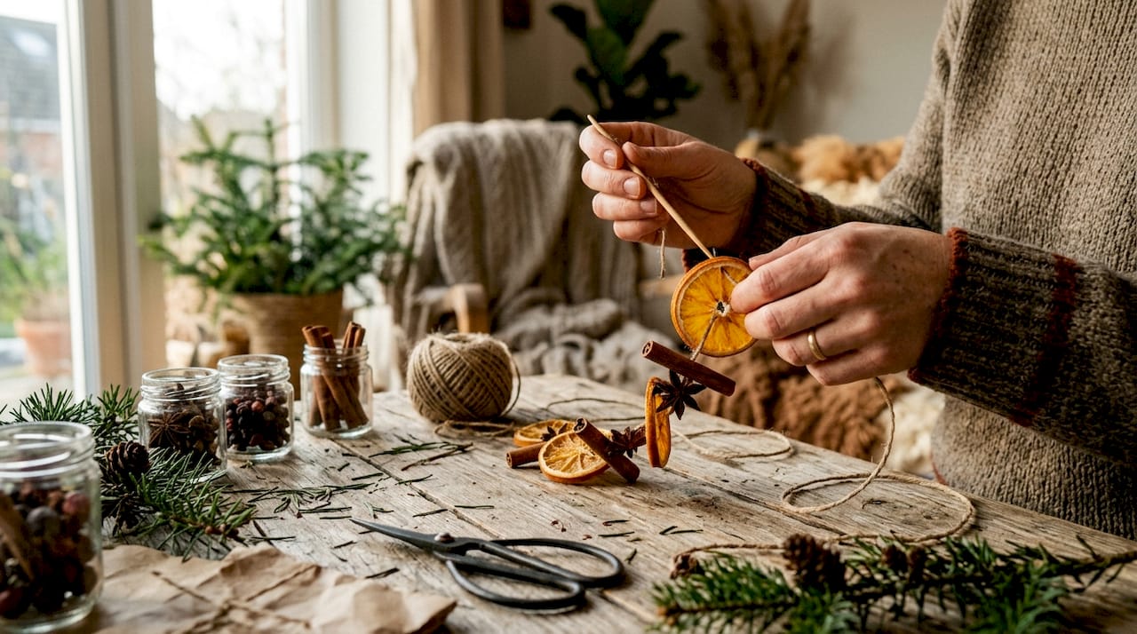 Hands crafting natural Christmas decorations