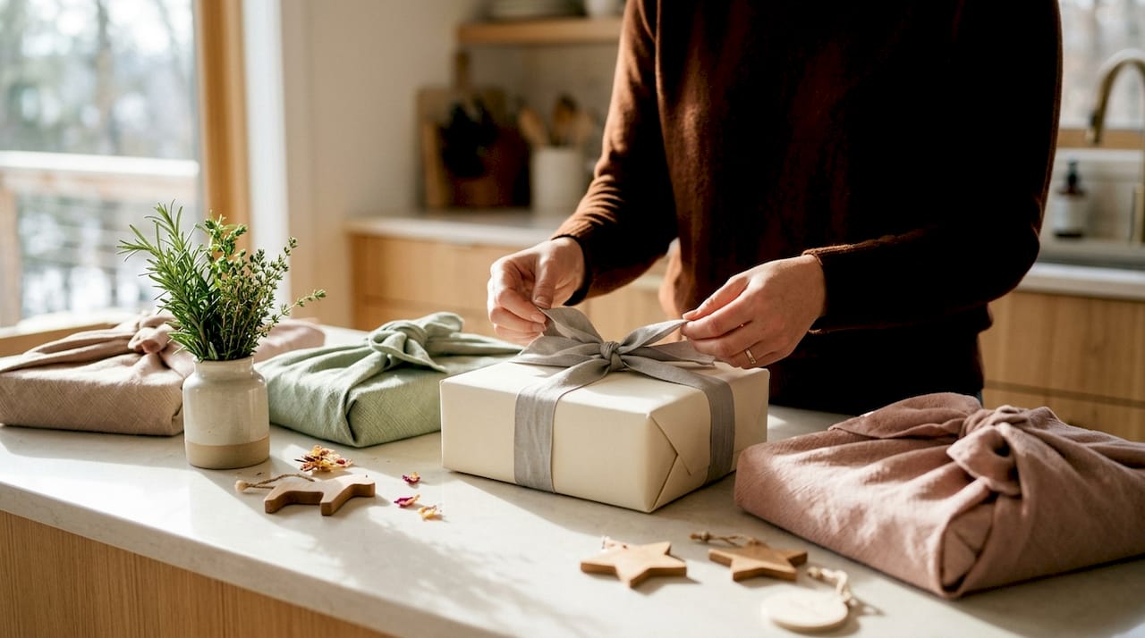 Overhead view of minimalist children's gift wrapping station